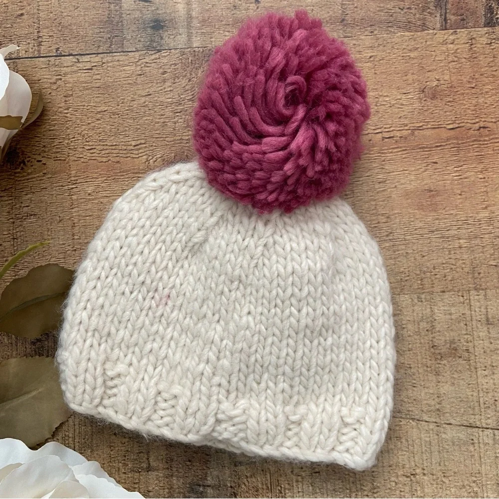 Beanie Hats (2) Hand Knit Cozy 2 HATS INFANT + Toddler Pom Pom Valentines Day